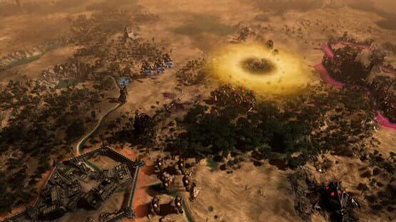Warhammer 40,000: Gladius - Relics of War screenshot shows a strategic landscape with faction bases and units near a mysterious glowing crater.