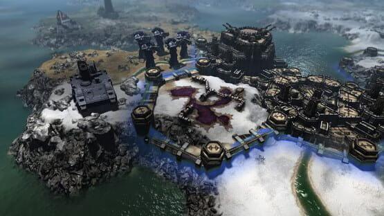 Screenshot from Warhammer 40,000: Gladius - Relics of War showing a fortified city surrounded by snow and rugged terrain.