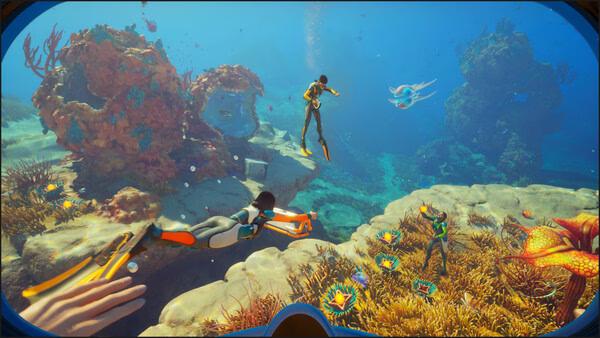 Subnautica 2 screenshot: Divers explore vibrant coral reefs and colorful marine life underwater, surrounded by rocks and sea plants.
