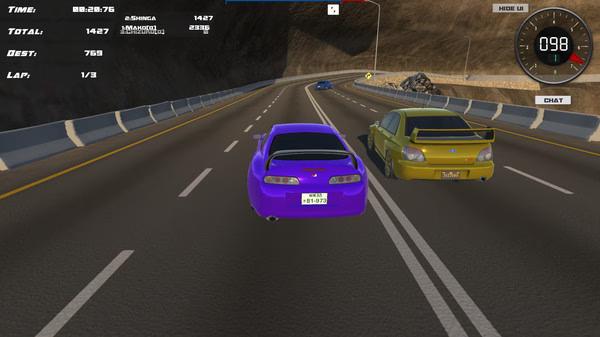 Screenshot of Drift86 showing two cars racing on a highway, with game stats visible in the top left corner.