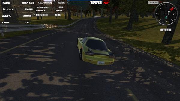 A Drift86 screenshot showing a yellow car drifting on a forest road, with speedometer and player stats displayed.