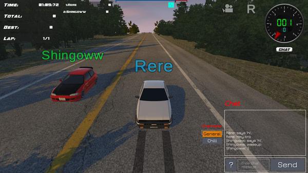 Drift86 screenshot: Two cars, a red and a white, race down a road with player names "Shingoww" and "Rere" visible above them.