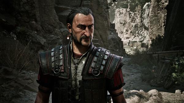 Gothic 1 Remake screenshot: A character stands in a rocky canyon, wearing detailed armor with straps and metal studs.