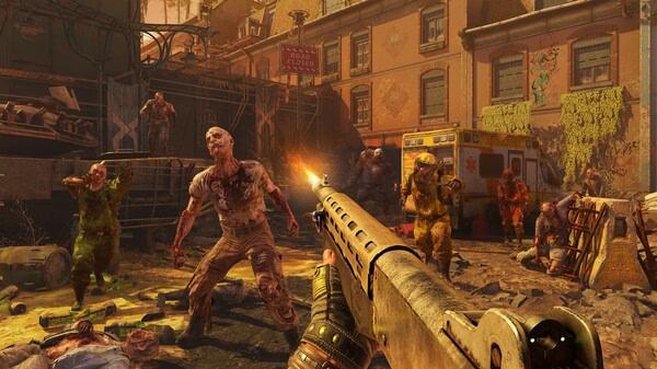 Dying Light 2 Stay Human: Reloaded Edition screenshot shows a player aiming a shotgun at approaching zombies in a city street.