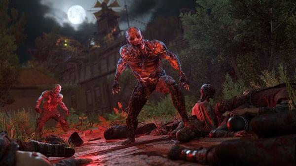 Screenshot from Dying Light 2 Stay Human: Reloaded Edition showing two infected creatures in a moonlit scene with scattered bodies.