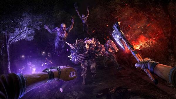 Screenshot from Dying Light 2 Stay Human: Reloaded Edition showing a player facing multiple zombie creatures in a forest at night.