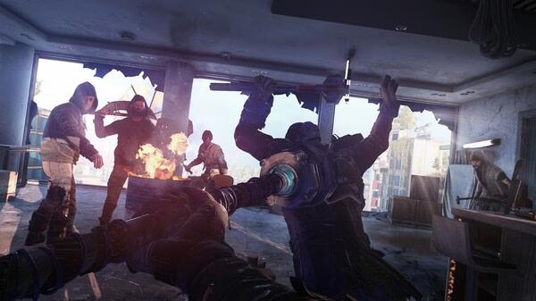 Screenshot from Dying Light 2 Stay Human: Reloaded Edition showing a combat scene with multiple characters in a damaged room.