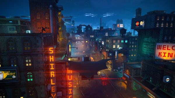 A screenshot from LEGO® Batman™: Legacy of the Dark Knight showing Batman gliding over a vibrant Gotham City at night.