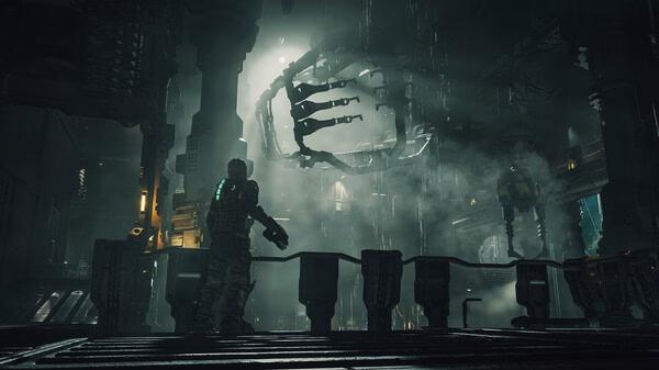 Dead Space screenshot: A lone astronaut stands in a dark, industrial space, facing a large mechanical claw illuminated by eerie light.