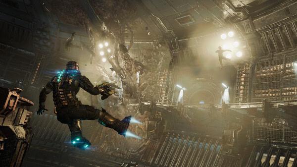 Dead Space screenshot: A character in a suit with glowing elements uses jet boots in a dimly lit, industrial space station interior.