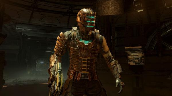 Dead Space screenshot: A character in armored suit stands in a dimly lit spaceship corridor, holding a weapon while facing forward.