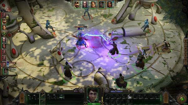 Screenshot from Warhammer 40,000: Rogue Trader showing characters engaged in a battle, casting spells on a circular platform.
