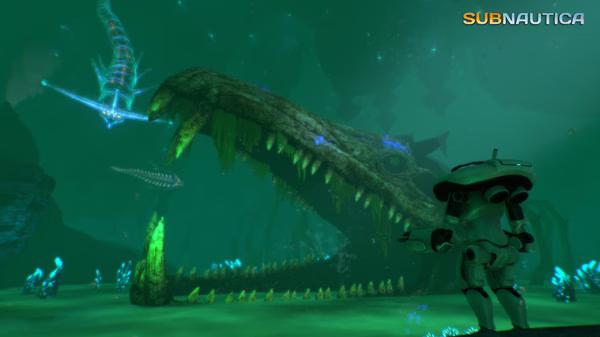 Subnautica screenshot: A diver faces a massive, open-mouthed sea creature in a green underwater environment filled with glowing plants.