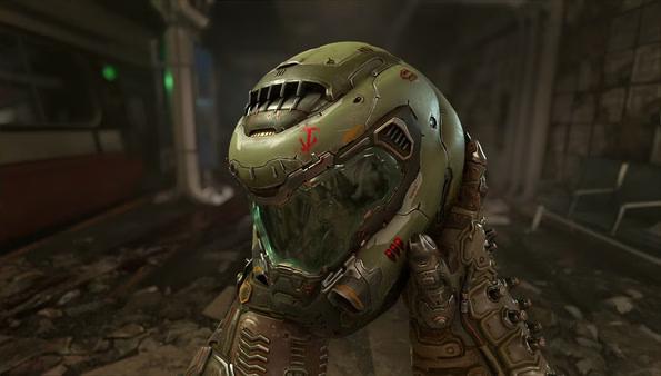DOOM Eternal screenshot: A detailed hand holds a futuristic helmet with red markings, set in a gritty, damaged corridor environment.