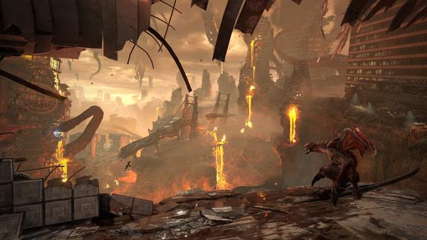 DOOM Eternal screenshot: A fiery, apocalyptic cityscape with lava flows and a demon crouching amidst destroyed structures.