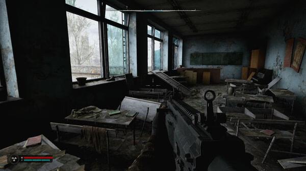 Screenshot from S.T.A.L.K.E.R. 2: Heart of Chornobyl showing a dilapidated classroom with broken furniture and an assault rifle in view.