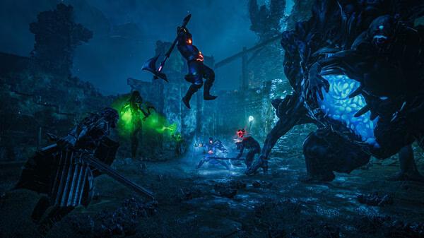 Screenshot from Enshrouded: A warrior jumps with an axe amidst glowing enemies in a dark, mysterious landscape.