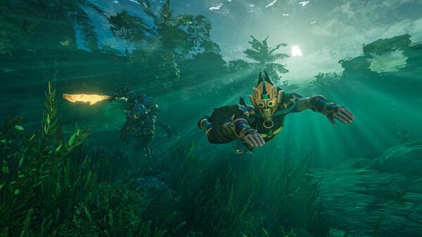 Screenshot from Enshrouded: A character in ornate gear swims underwater with sunlight filtering through, while another follows with a glowing sword.