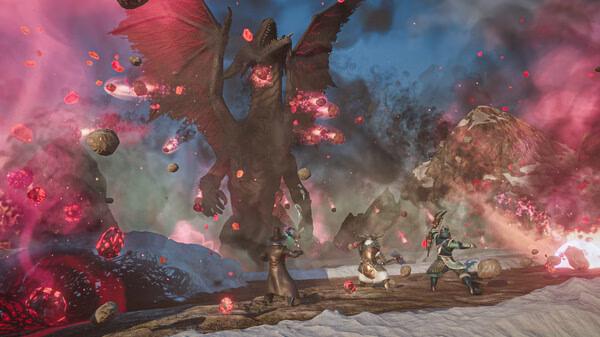 A screenshot from Enshrouded showing three characters battling a massive dragon surrounded by glowing red rocks and fiery effects.