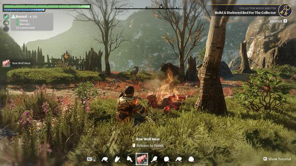Enshrouded screenshot: A character cooks raw wolf meat over a campfire in a grassy landscape with mountains in the background.