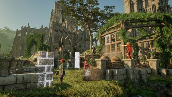 Screenshot from Enshrouded: Characters in a lush garden beside ancient ruins, crafting and exploring the vibrant environment.