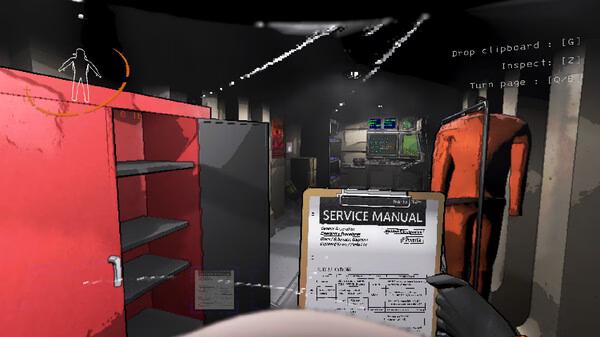 Lethal Company screenshot: A player holds a clipboard reading "Service Manual" in a dim room with shelves, monitors, and an orange suit.