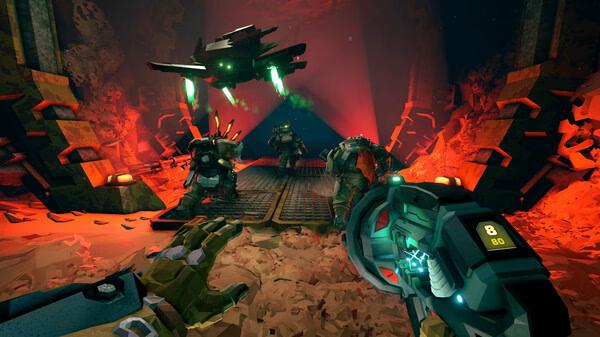 Deep Rock Galactic: Rogue Core screenshot showing players in futuristic suits exploring an alien cave with a hovering drone.