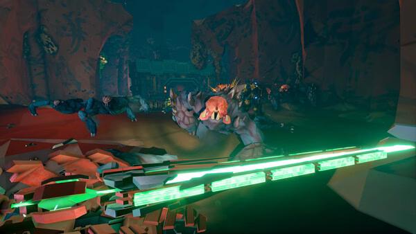 Screenshot from Deep Rock Galactic: Rogue Core showing a glowing weapon aimed at alien creatures in a rocky cave environment.