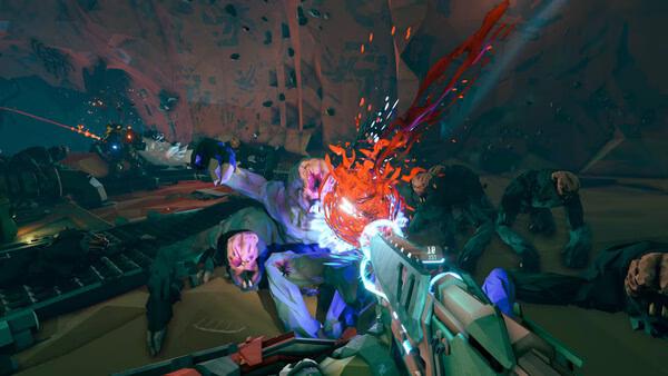 Screenshot from Deep Rock Galactic: Rogue Core showing a player battling aliens with a weapon in a cave environment.