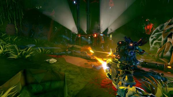 Deep Rock Galactic: Rogue Core screenshot showing a player firing a weapon at enemies in a glowing cave environment.