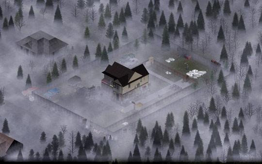 A Project Zomboid screenshot shows a foggy, fenced compound with a house, trees, and various items scattered outside.