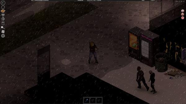 Screenshot from Project Zomboid showing a character standing in the rain near a vending machine and two shadowy figures.