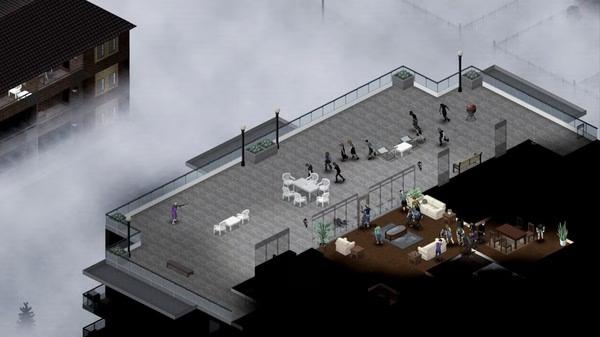 Project Zomboid screenshot: A group of characters gather on a foggy rooftop, some seated at tables, others standing or walking around.