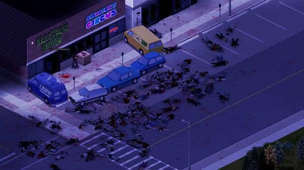Project Zomboid screenshot showing a street littered with zombie corpses, parked vehicles, and storefronts at night.