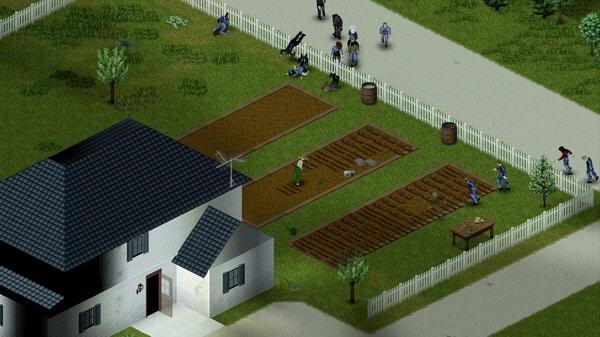 Screenshot from Project Zomboid showing a player working in a garden while zombies approach near a white fenced area.