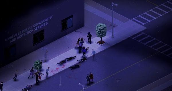 Project Zomboid screenshot: Survivors confront zombies outside the Louisville Police Department at night, with scattered bodies on the sidewalk.