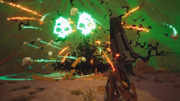 Screenshot from Far Far West showing a character facing an explosion of glowing skulls amid wooden debris.