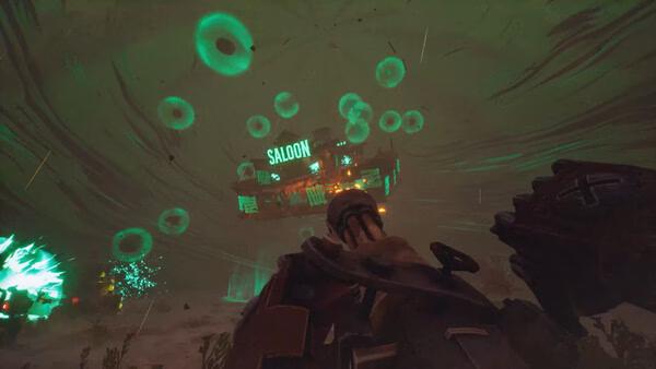 Screenshot from Far Far West showing a futuristic saloon under attack, surrounded by glowing green orbs in a stormy sky.