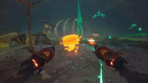 Screenshot from "Far Far West": A pair of glowing pistols aim at a bright, floating cube amidst a mysterious, eerie landscape.