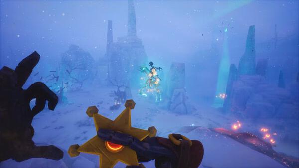Screenshot from Far Far West: A mysterious figure hovers in a snowy landscape, while a hand holds a glowing star-shaped object.