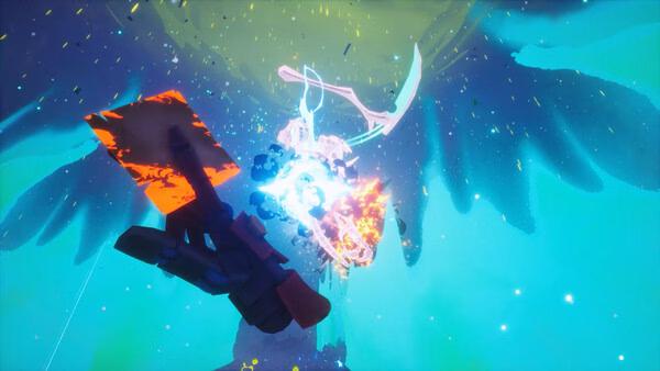 Screenshot from Far Far West showing a dynamic aerial battle scene with glowing weapons and vivid blue and orange effects.