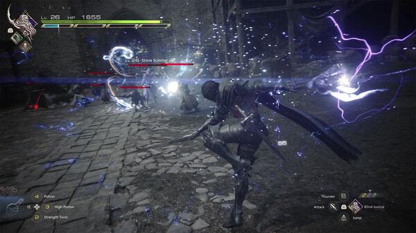 Screenshot from FINAL FANTASY XVI showing a character wielding lightning magic against multiple enemies in a stone courtyard.