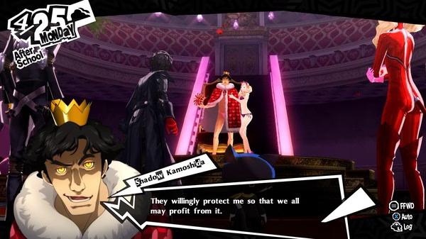 Screenshot of Persona 5 Royal showing Shadow Kamoshida on a throne, with the Phantom Thieves confronting him in a palace.
