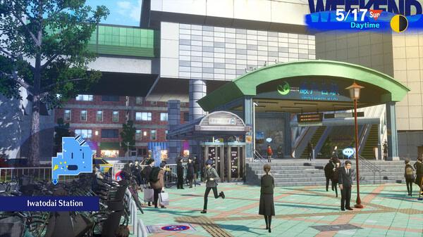 Screenshot of Persona 3 Reload showing Iwatodai Station, bustling with people and a map indicating the location in the bottom left.