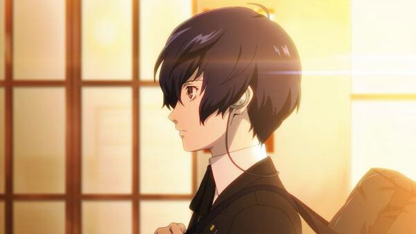 Screenshot from Persona 3 Reload showing a character in school uniform with a guitar case, standing in front of sunlit windows.