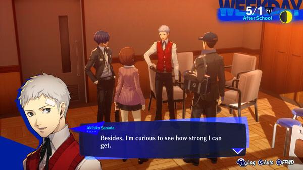 Screenshot from Persona 3 Reload showing characters in a room having a conversation after school.