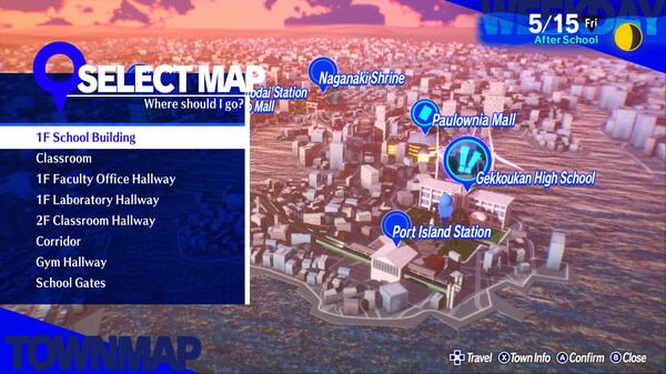 Screenshot from Persona 3 Reload showing the in-game map with locations like Naganaki Shrine and Gekkoukan High School highlighted.