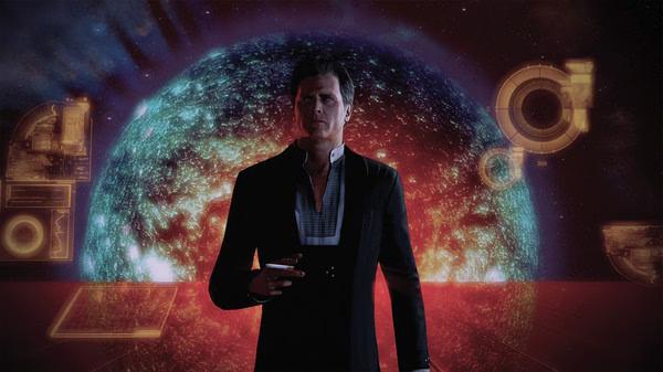 Mass Effect™ Legendary Edition screenshot: A character stands with a glowing planet backdrop, surrounded by holographic displays.