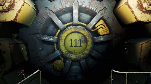 Fallout 4 screenshot: A large, rusted Vault-Tec door labeled "111" is illuminated, surrounded by metal walls and a railing.