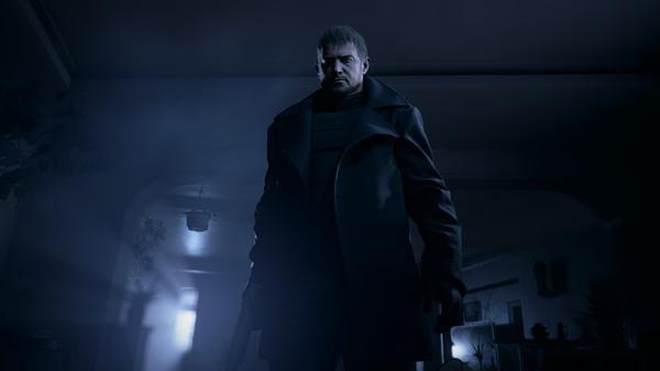 A screenshot from Resident Evil Village showing a character in a dark coat holding a weapon in a dimly lit room.